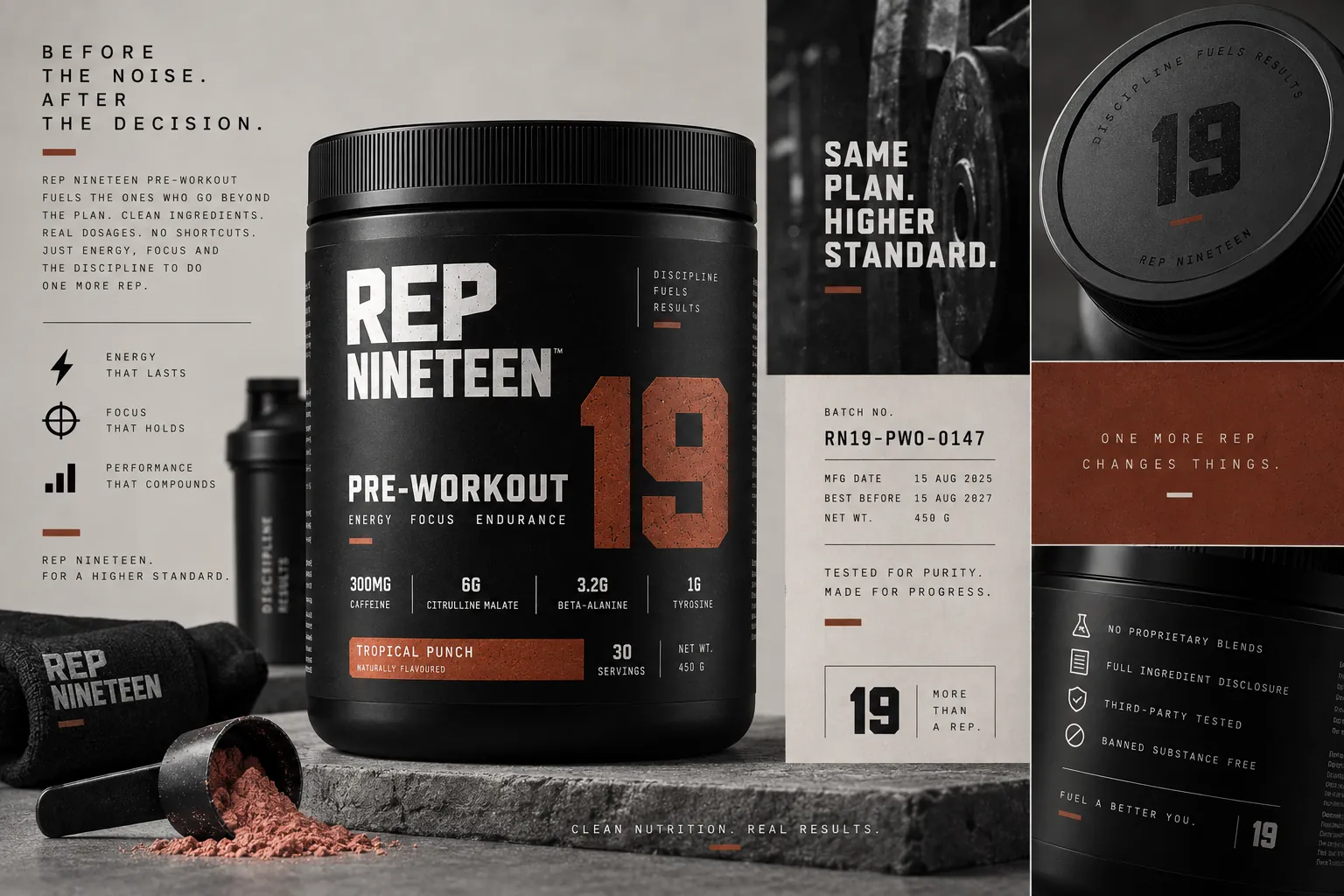Pre-Workout tub with batch card and lid detail